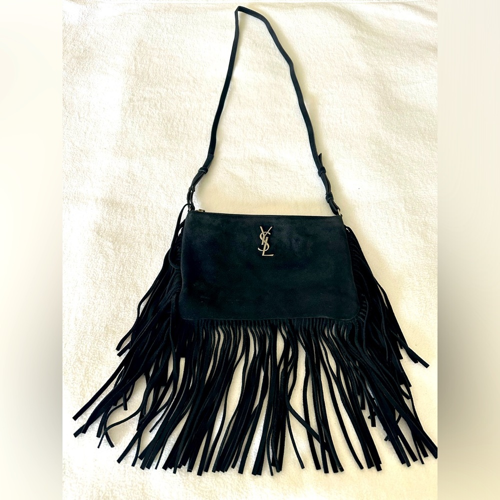 YVES SAINT LAURENT Black Suede Fringe Crossbody Clutch